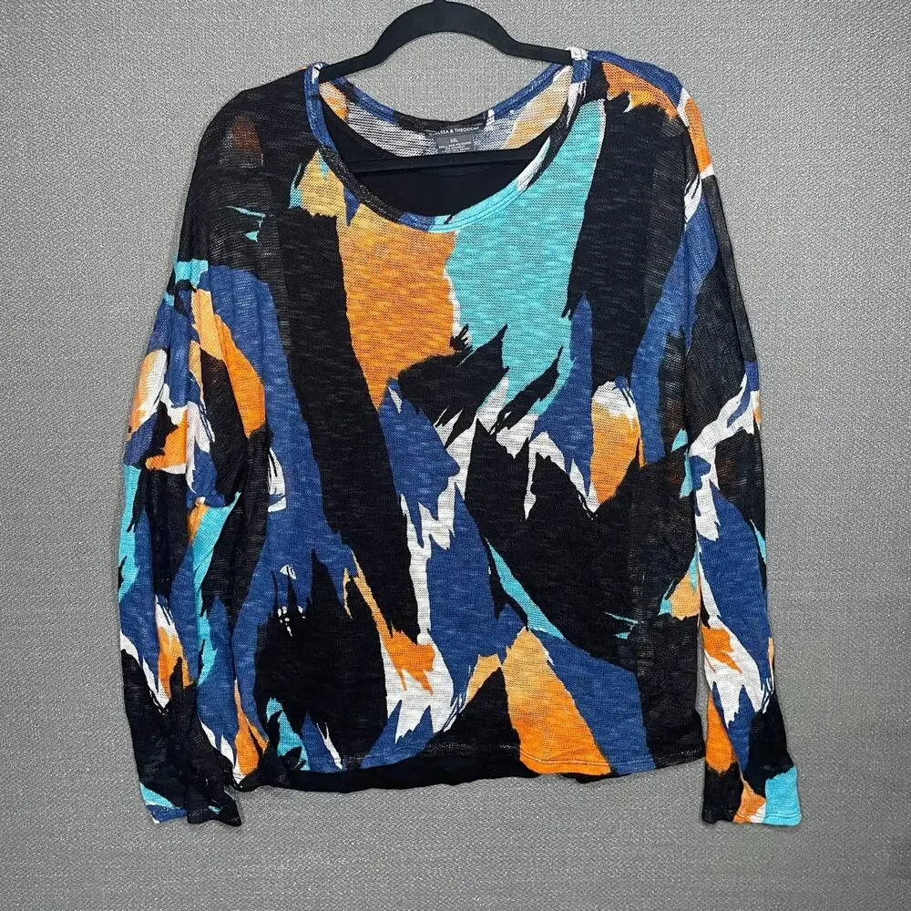 Chelsea and Theodore Printed Pullover Lightweight Knit Top w Tank Artsy Abstract